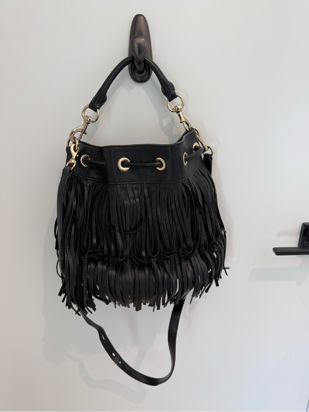 Rebecca Minkoff Black Leather Fringe Bucket Bag with Gold Hardware - Picture 3 of 4